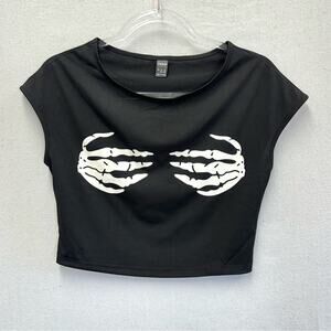 Shein skeleton hand print dolman short sleeve crop top size large Halloween Goth